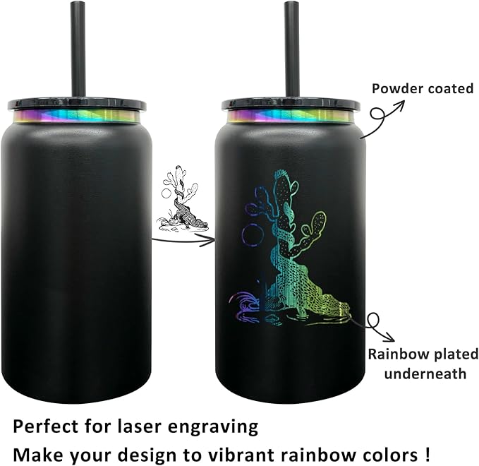 Glass Cups with Lids and Straws, 16 oz Stainless Steel Cups, Insulated Skinny Tumbler, Powder Coated Travel Mugs for Laser Engrave, Iced Coffee Cup for Smoothie Water DIY Gift (Black,1 pack)