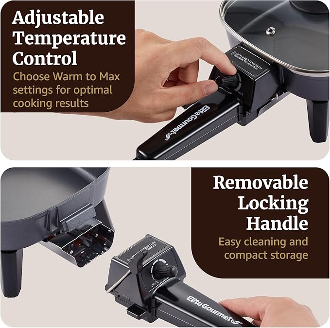 Elite Gourmet EFS059 Personal Electric Skillet, 7” Compact Portable Cooker, Adjustable Temperature, 600W Rapid Heating, Nonstick Surface, Tempered Glass Lid, Removable Handle, Black