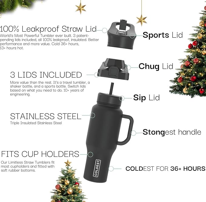 Coldest Tumbler with Handle and Straw - 100% Leak Proof Insulated Tumbler with Lid and Straw (3 Lids) - Stainless Steel Tumblers for Women & Men - Cup Holder Friendly Base, 36 oz (Happy Camper)