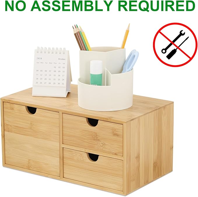 Wisuce Bamboo Desk Drawer Organizer, Desktop Organizer with Drawers Tabletop Storage Organization Box for Office Home Toiletries Supplies Vanity, No Assembly Required(3 Drawers-left right)