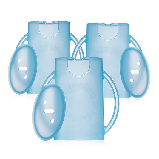 Squeeze Proof Food Pouch Holder for Toddlers, Babies, Kids, Mess Free No Squeeze Juice Box Drink Holder with Easy Grip Handles and Lid - Made in USA (Blue 3 Pack)