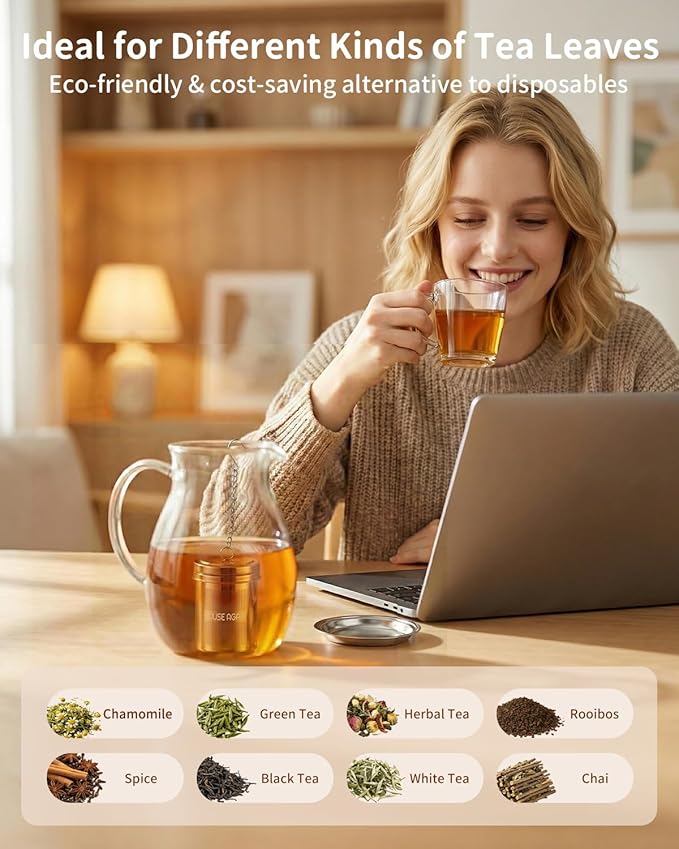 House Again Tea Infuser (2 Pack, Large + Small), Extra Fine Mesh Tea Strainers for Loose Tea, 18/8 Stainless Steel Tea Strainer with Extended Chain Hook, Tea Steeper