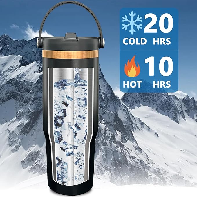 30 oz Tumbler with Handle and Straw, Vacuum Insulated Tumblers with Flip Straw and Top Handle, Leakproof Powder Coated Tumbler, Stainless Steel Travel Mug for Coffee Water (Black, 1 Pack)