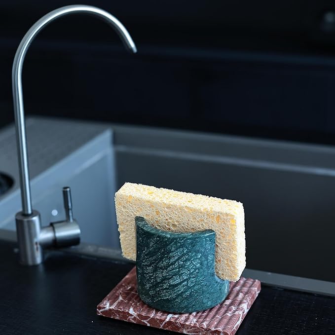 JIMEI Travertine Marble Sponge Holder for Kitchen Counter - Natural Stone Dish Drying Rack, Sponge Caddy for Sink Organizer - Durable & Stylish Kitchen Decor (India Green Marble)