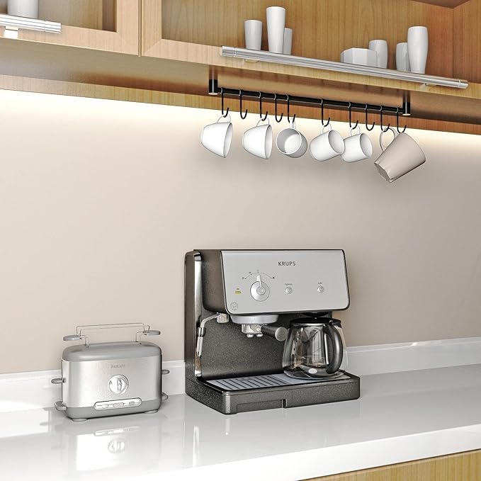 Wall Mounted Utensil Holder, Stainless Steel 20 inch Hook Bar Utensils with 10 Pcs Noiseless Sliding Hooks, Spoon Rack Hanger Bar Tool Organizer for Kitchen. (Black)