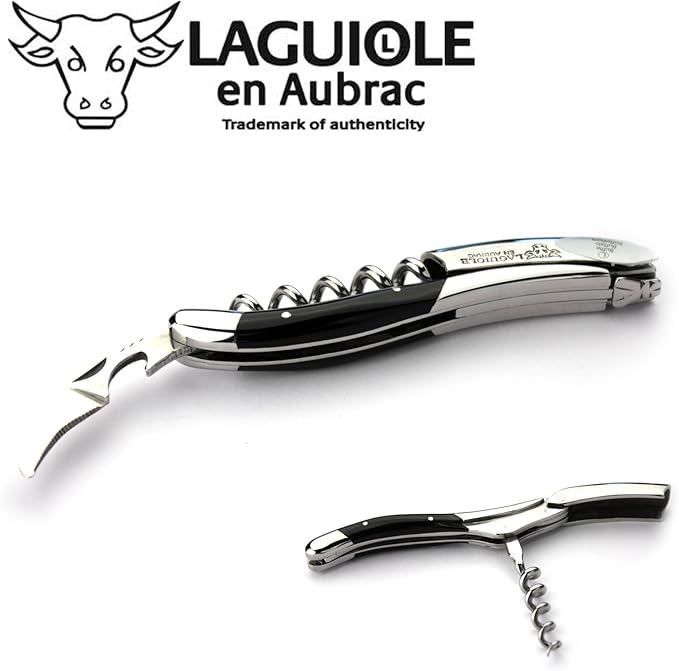 Laguiole En Aubrac Sommelier Waiter's Corkscrew, Buffalo Horn Handle, Wine Opener With Foil Cutter & Bottle Opener, Stainless Steel Shiny Bolsters