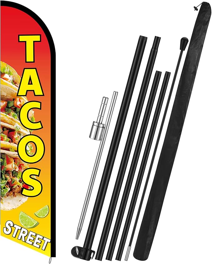HunnmingRe Tacos Street Advertising Swooper Flag Banner 15ft Feather Flag with Pole and Ground Stake Advertising Feather Banner Sign for Restaurant Business Outside Ground