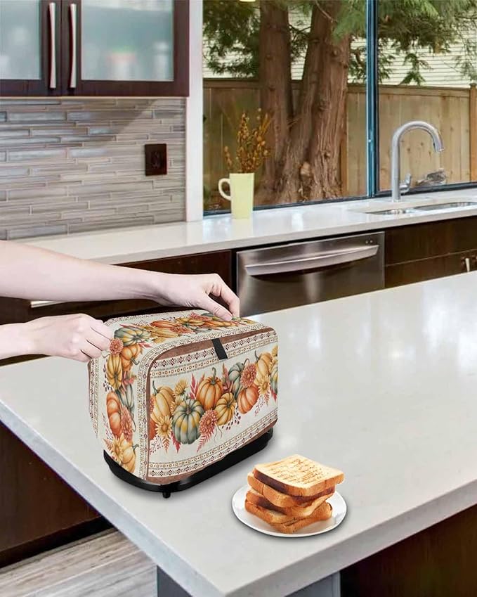 Orange Pumpkins Fall Toaster Cover 2 Slice, Thanksgiving Southwestern Floral Dustproof Bakeware Oven Protector with Top Hook, Autumn Waterproof Small Kitchen Appliance Toasters Dust Cover, 11"x6"x8"