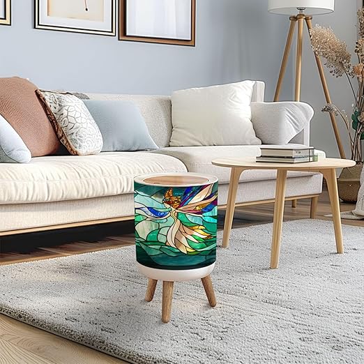 Trash Can with Lid Vibrant Fairy Blossoms Stained Glass Tableaux Press Top Round Small Garbage Bin with Wooden Legs Waste Basket for Kitchen Bedroom Nursery 7L/1.8 Gallon