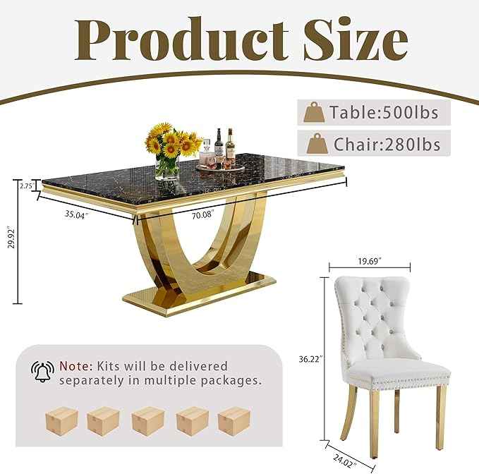 Marble Dining Table Set for 6,70" Black Faux Marble Kitchen Tables and Velvet Chairs for 6,7 Piece Luxury Dining Room Table Set and 6 Upholstered Chairs with Gold Stainless Steel Bases