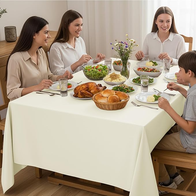 6-Pack Ivory Tablecloths for Rectangle Tables, 90 x 132 Inches, Stain-Resistant Polyester Fabric for 8 Foot Tables - Washable Table Covers for Weddings, Banquets, Birthday Parties, Events
