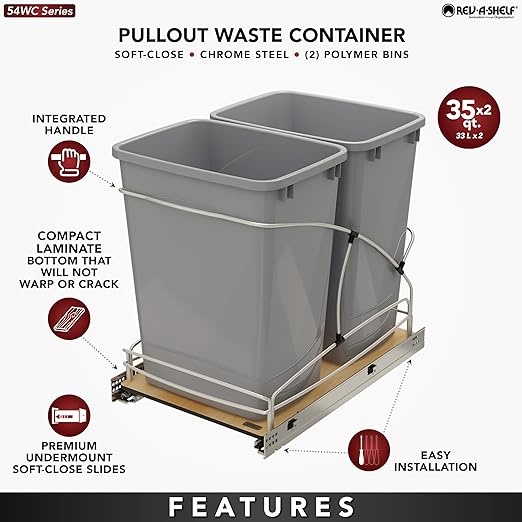 Rev-A-Shelf Steel Bottom Mount Double 35 Quart 8.75 Gallon Waste Bin Trash Container for Under Kitchen Cabinet with Soft Close, Gray, 54WC-1835SC-17-1