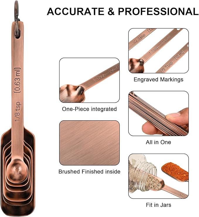 Measuring Cups and Spoons Set, Copper Measuring Cups and Spoons Set 17, Stainless Steel Metal 7 Measuring Cups and 9 Measuring Spoons with 1 Leveler for Kitchen & Baking