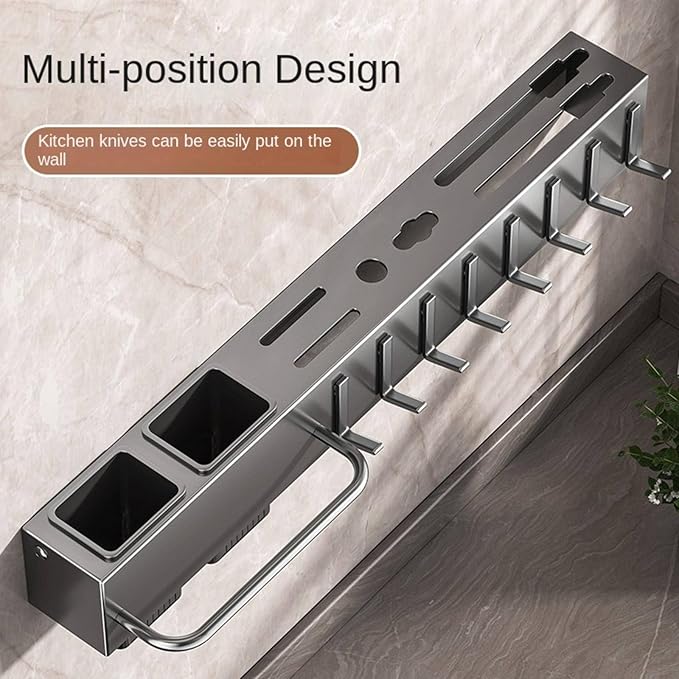 New Multi-Functional Kitchen Rack Home Wall-Mounted Knives Chopstick and Spoon Storage Rack Punch-Free cookware draining Rack, 50, Black