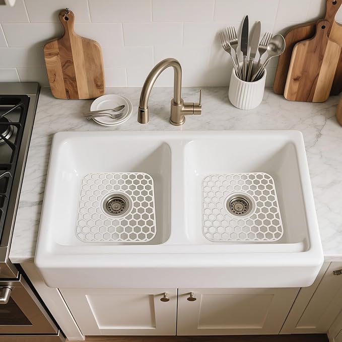 Bestjing Silicone Sink Protectors for Kitchen Sink - 12" x 11" Kitchen Grid Accessory, Non-Slip Heat-Resistant Mat for Bottom of Porcelain Stainless Steel, Dishwasher Safe (White)