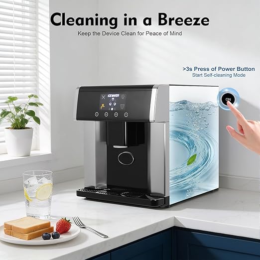 2-in-1 Ice Makers Countertop, Chewable Pellet Ice Machine with Self-Cleanin Function, 33lbs/24H Portable Ice Makers for Home Kitchen Officce, Silver+Black