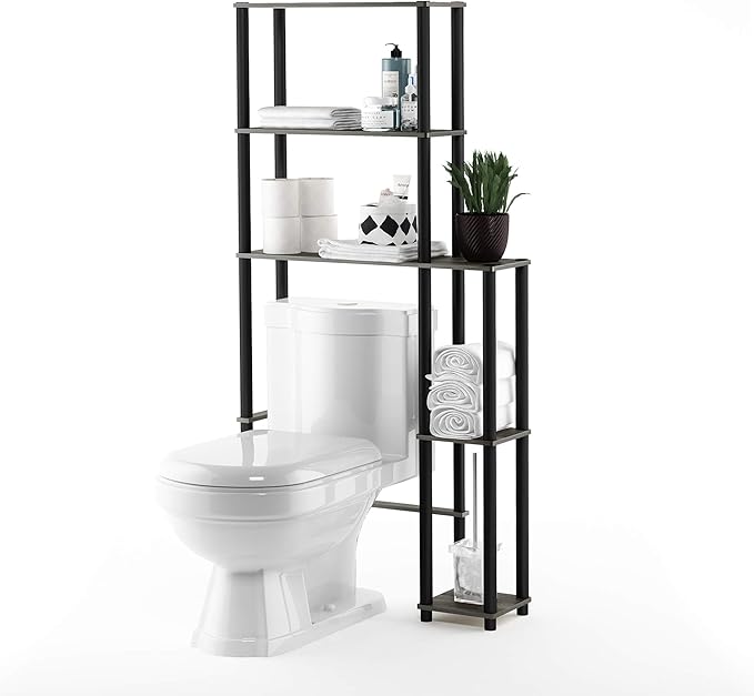 Furinno Turn-N-Tube Over The Toilet Storage, 5 Shelves Bathroom Organizer Space Saver Rack, French Oak Grey/Black