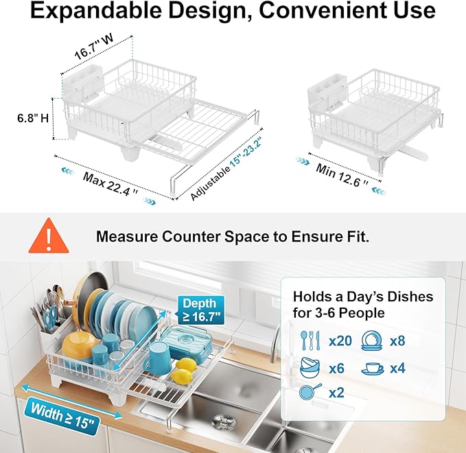 GSlife Expandable Dish Drying Rack for Kitchen Counter, Large Capacity 2-in-1 Rust Resistant Dish Drainer with Swivel Spout and Pull Out Over Sink Extension, 16.7" W x 12.6"-22.4" L, White