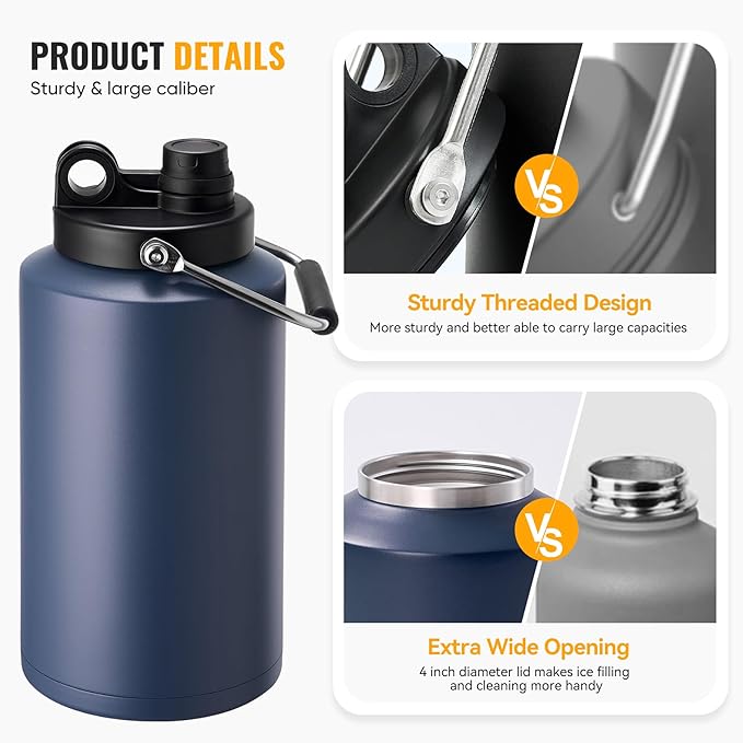 Kerilyn Insulated Gallon Jug with Handle, One Gallon, 128oz Stainless Steel, Large Double Vacuum Water Bottle for Hot & Cold Drinks, Wide Mouth, Sweat Proof, Great for Travel, Camping, Dark Blue