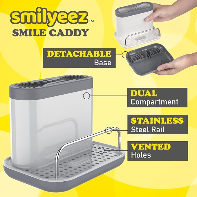 The Original Smiling Handle with Soap Dispensing for Scrub Daddy Sponges & Scrub Moji Sponges with Smilyeez Smile Caddy & Dishwand with 2 Scrub Brushes (Black)