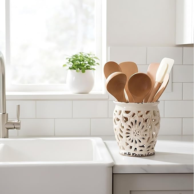 Farmhouse Kitchen Utensil Holder for Kitchen Counter, Ceramic Large Cooking Utensil Crock with Cork Mat, Decorative Rustic Utensil Organizer for Countertop, Spatula, Antique Beige
