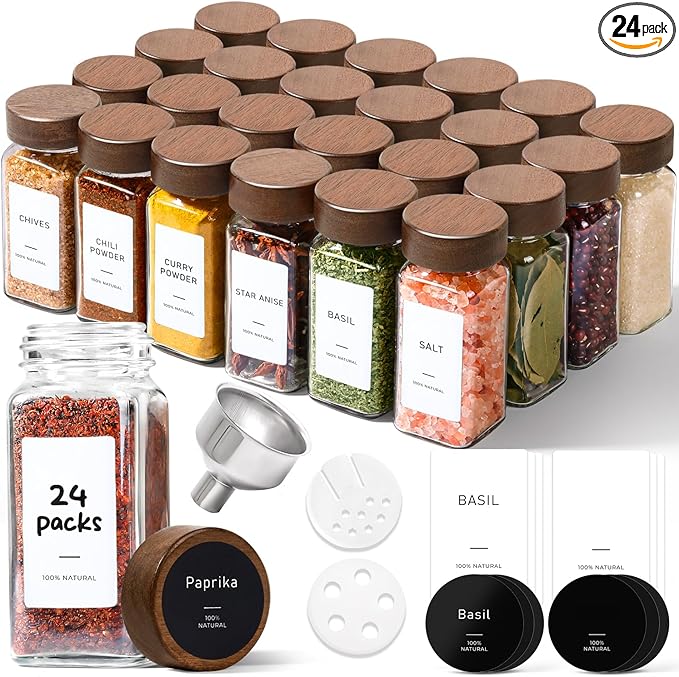 ComSaf 24Pcs (4Oz) Glass Spice Jars with Label, Airtight Seasoning Containers with Lid for Home Cooks to Organizing Herbs, Sugar, Pepper, Salt, Glass Spice Bottles Organize Cabinet & Drawer