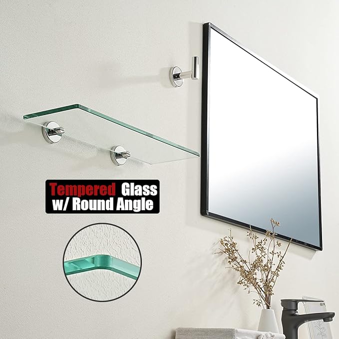 JQK Bathroom Glass Shelf Chrome, Tempered Glass Shower Storage 16 by 5 inches, 304 Stainless Steel Polished Chrome Wall Mount, TGS101-CH