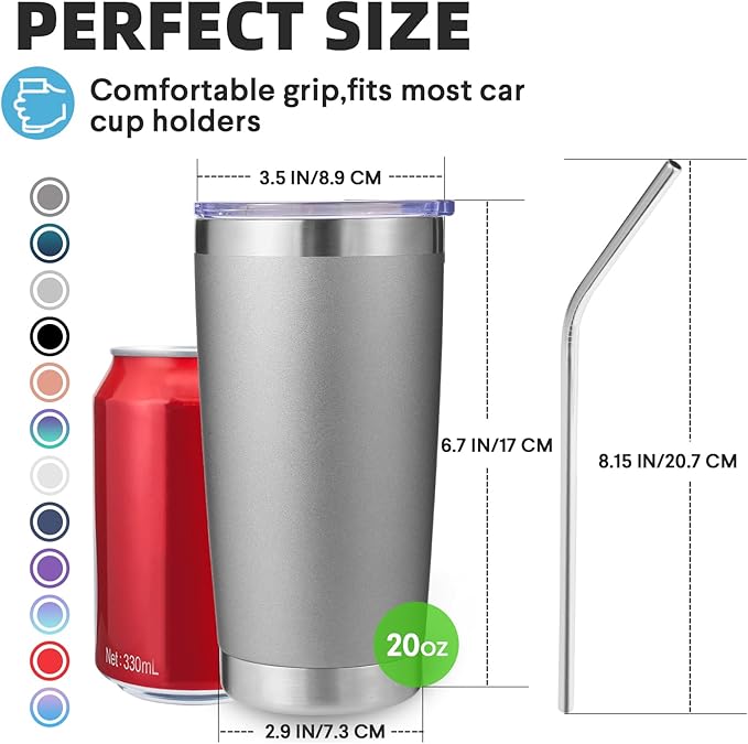 Volhoply 20oz Stainless Steel Tumbler with Lid and Straw Bulk 12 Pack,Double Wall Insulated Travel Iced Coffee Mug Fits Cup Holder,Powder Coated Cups for Hot/Cold Drinks,Christmas Gifts（Gray,12 Set）