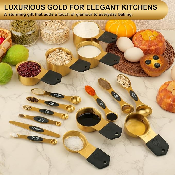 Gold Magnetic Measuring Cups & Spoons Set of 16, 7 Stainless Steel Measuring Cups, 8 Double-Sided Measuring Spoons & 1 Leveler, Premium Finish Baking Tools Kitchen Gadget for Dry & Liquid Ingredients