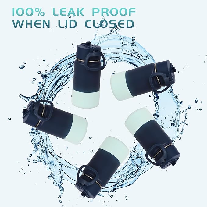Volhoply 14oz KIds Water Bottle with Straw Lid and Silicone Boot Bulk 6 Pack,Stainless Steel Insulated Bottles for Boys & Girls Multipack,Double Wall Vacuum Leakproof Bottles(Blue Green,6)
