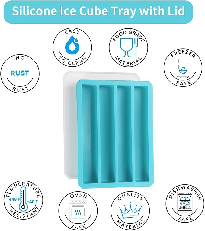 Water Bottle Ice Mold Tray - Silicone Creates 16 Frozen Sticks for Sports, Soda, & Bottled Beverages,Easy to Remove Ice,Reusable Maker with Lid for Stacking (Blue 4 Pack)
