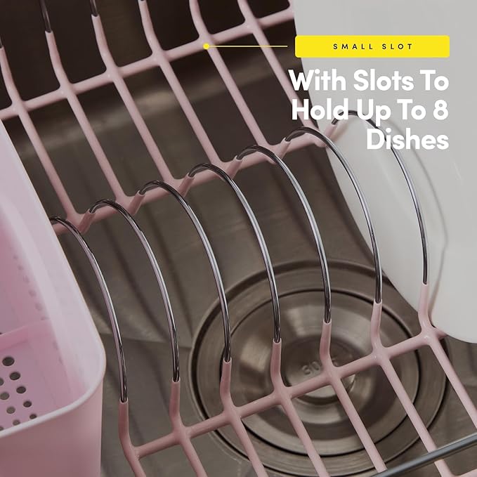 Dish Drying Rack & Cutlery Holder 2 Piece Set - Compact Sink-Fitting Dish Drainer with Rubberized Undercoating, Space-Saving Kitchen Organizer for Plates, Cups, Bowls & Utensils in Sink, Pale Pink