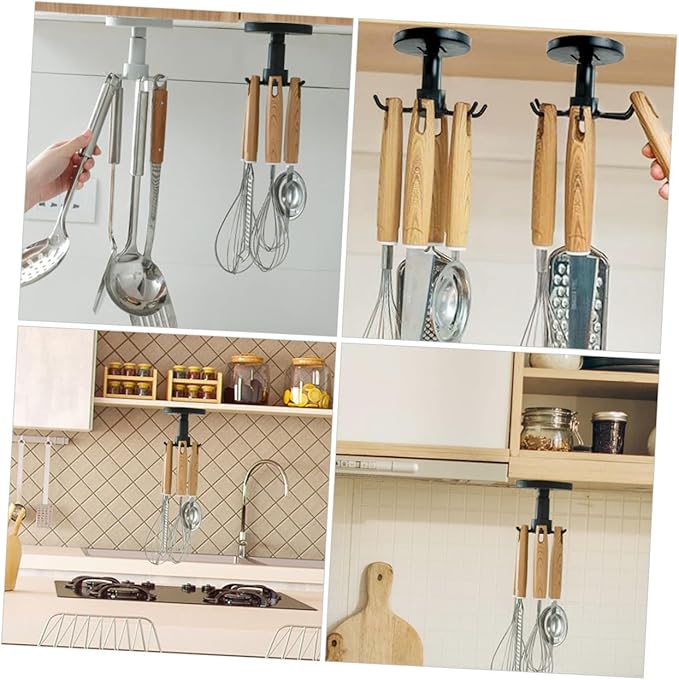 Healifty 3pcs Rotating Kitchen Hooks Utensil Hanger Set for Hanging Cooking Tools Under Cabinet Black Utility Organizer Storage