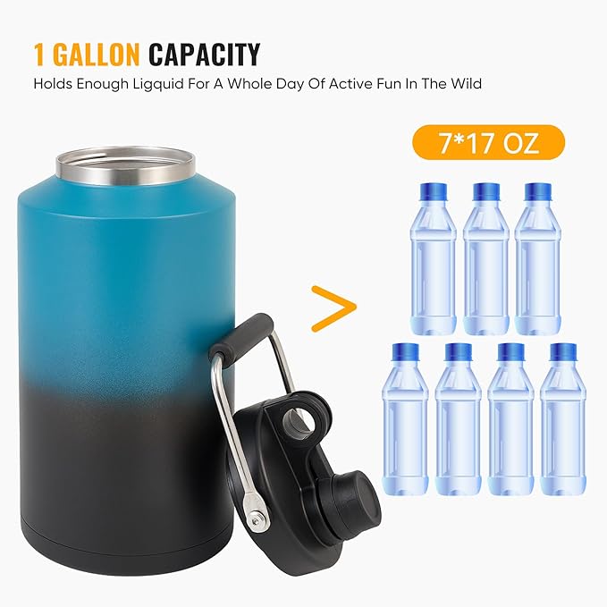 Insulated Gallon Jug with Handle, One Gallon, 128oz Stainless Steel, Large Double Vacuum Water Bottle for Cold Drinks, Wide Mouth, Sweat Proof, Carrier bag, Great for Travel, Camping, Blue Gradient