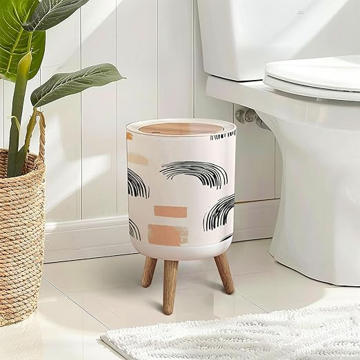 Trash Can with Lid Aesthetic Contemporary seamless pattern abstract Minimal elegant line Press Top Round Small Garbage Bin with Wooden Legs Waste Basket for Kitchen Bedroom Nursery 7L/1.8 Gallon