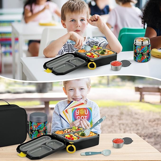 wiwens Bento Lunch Box for Kids with 12oz Soup Thermo Leak-Proof Lunch Food Container with 5 Compartment Thermo Hot Food Jar and Insulated Lunch Bag for Kid Toddler Girls Boys to School