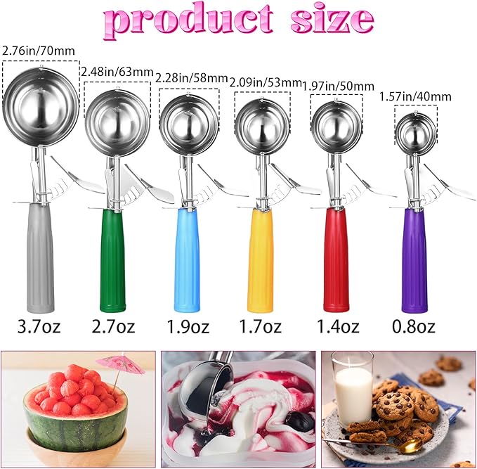 Yuanchu 6 Pcs Ice Cream Scoops, Cookie Scoops for Baking Stainless Steel Ice Cream Scoop Cookie Dough Scoop Scooper 1.57" to 2.76" Portion Scooper Cupcake Food Batter Meatball (0.8-3.7oz)