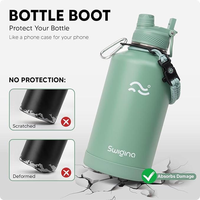 Swigina [2-IN-1 LID] 64 oz Insulated Water Bottle with Silicone Boot (48hrs Cold/24hrs Hot) - DIY Stickers, Leakproof, BPA Free, Half Gallon