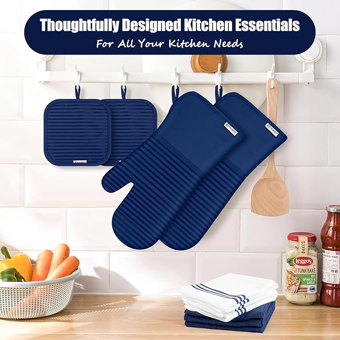 Oven Mitts and Pot Holder Sets with Silicone Grip, 500°F Heat Resistant-6 Pack Dishcloth/Dish Towels for Kitchen 100% Cotton-Value Kitchen Essentials for Cooking, Baking, Grilling-Marine Blue