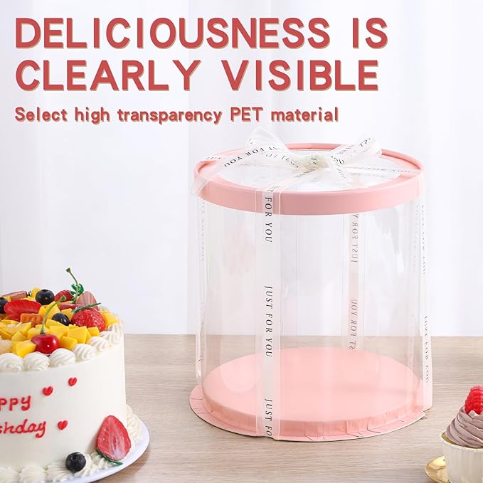 JCD Pink Multi-Layer 10 * 10 Inch Round Clear Cake Boxs with Ribbon,6 Pack Tall Transparent Packaging Cake Containers PET Cake Carrier Box for Birthday (Pink, Round 10inch/6pcs)