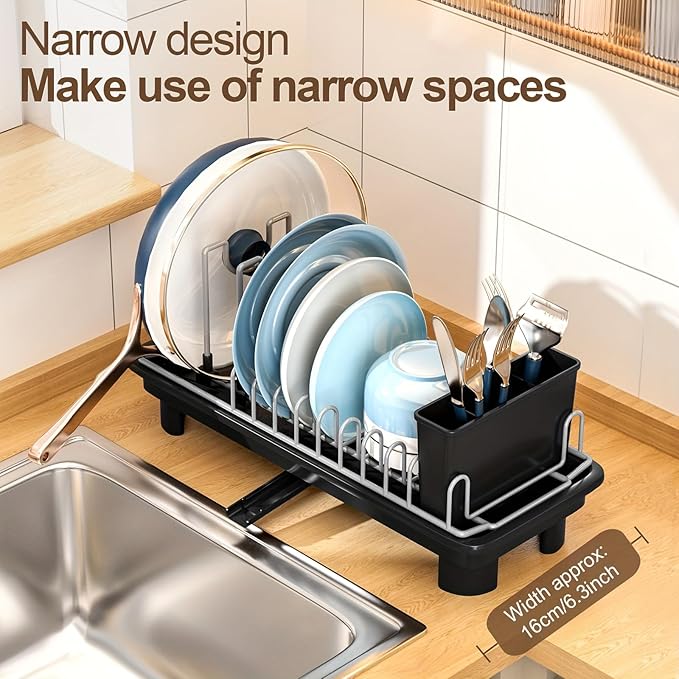 Compact Dish Drying Rack for Countertop, Small-Sized for Dorms, RVs & Tiny Kitchens, Auto-Drain, Adjustable Slots, Rust-Resistant with Utensil Caddy & Sponge Holder (Black)