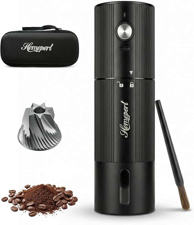 High-Speed Portable Electric Coffee Grinder with 1600mAh Rechargeable Battery, 7-Core Stainless Steel Burr Coffee Mill, 45 Precision Settings, Cordless Design & Compact Aluminum Body for Travel