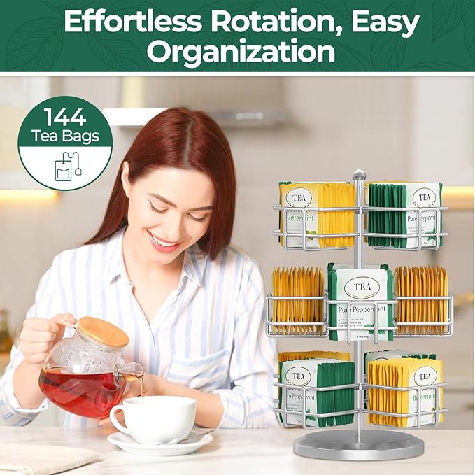 EsLuker.ly Tea Bag Holder Organizer for Counter 3 Tier Metal Tea Bag Storage Rack, Spinning Carousel Tea Packet Display Stand, Tea Organizer Station with Easy Access for Kitchen Office, Silver