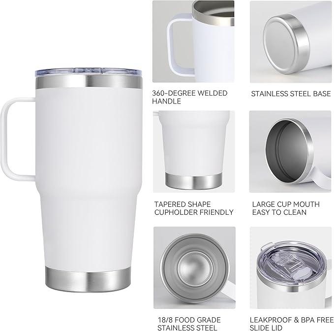 20 oz Stainless Steel Tumbler with Handle Metal Insulated Coffee Travel Mug with Handle Double Wall Tumbler Cup with Lid and Straw, White 1 Pack