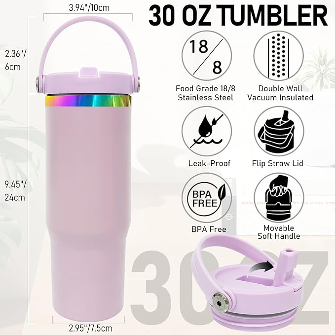 30 oz Tumbler Bulk with Handle and Straw, Vacuum Insulated Tumblers with Flip Straw and Top Handle, Leakproof Powder Coated Tumbler, Stainless Steel Travel Mug for Coffee (Purple, 8 Pack)