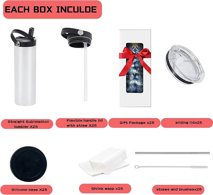 25 Pack 20oz Sublimation Tumblers Bulk With Flat Edge, 20OZ Flat Sublimation Tumbler Blank, Skinny Straight Stainless Steel Blanks Cups with Individual Box (25, 20OZ HANDLE A)