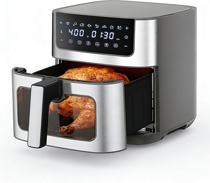HealSmart 6.34 Qt Air Fryer with Window, 8-in-1 Digital AirFryer Oven, 1700W, Nonstick Dishwasher-Safe Basket, Air Fry, Roast, Dehydrate, 90-Min Timer, Stainless Steel, Gray