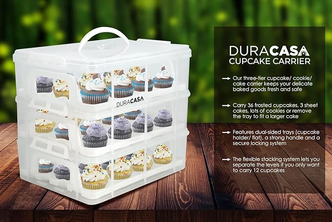 Cupcake Carrier, Cupcake Holder | Premium Upgraded Model Holds Cupcakes Steadier | Store up to 36 Cupcakes or Muffins | Stacking Cupcake Storage Container | Use 1,2, or 3 Tiers (White)
