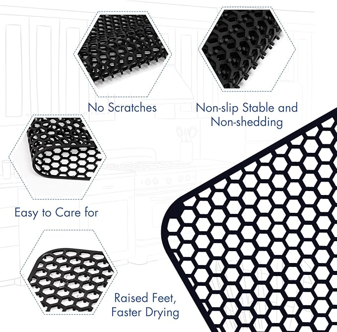 Bestjing Silicone Sink Protectors for Kitchen Sink with Center Drain, 26"x 14" Kitchen Grid Accessory, Non-Slip Heat-Resistant Mat for Bottom of Farmhouse Porcelain Stainless Steel (Center Hole,Black)