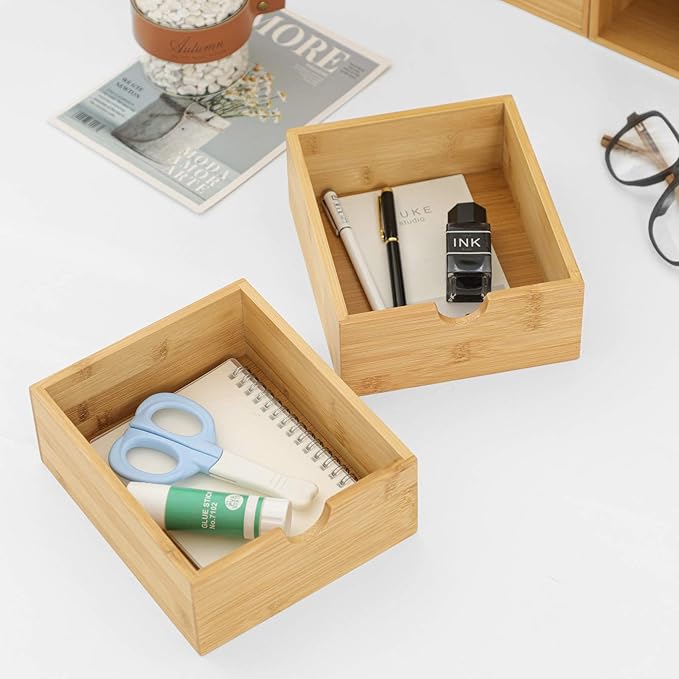 Wisuce Bamboo Desk Drawer Organizer, Desktop Organizer with Drawers Tabletop Storage Organization Box for Office Home Toiletries Supplies Vanity, No Assembly Required(3 Drawers-left right)